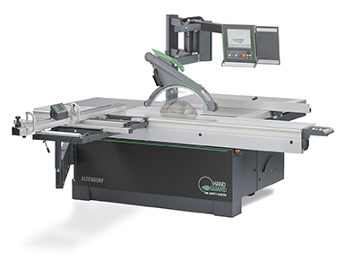 Illustrating Altendorf's HAND GUARD system fitted on a sliding table saw.