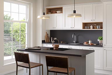 Options kitchen worktops from Bushboard: soft linen cupboard fronts.