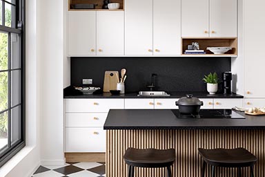 Options kitchen worktops from Bushboard: soft linen cupboard fronts.
