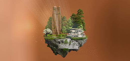 A small island with a large building on top of it. Brown background. Promoting AkzoNobel's new collection.