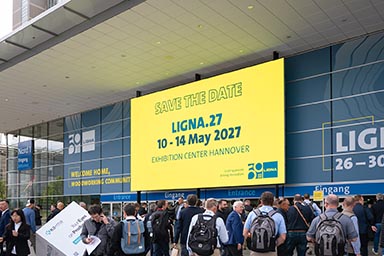 Screen outside an exhibition centre promoting LIGNA 2027 10-14 May 2027.