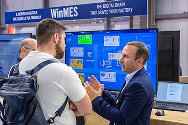 Demonstrating WinMES on the SCM stand at Xylexpo 2026.