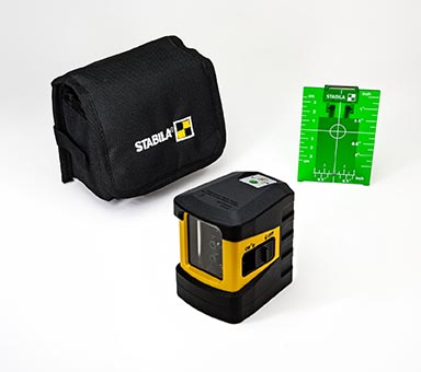The components that make up the Stabila LAX 60 G greenbeam cross line laser kit.