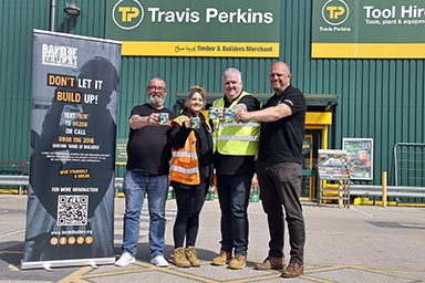 Pictured outside a Travis Perkins branch with mugs of tea: Tim Height (Band Of Builders); Kirstin Burgess, Matt Pepper (both Travis Perkins Martlesham); Andy Beasley (Tarmac Blue Circle).