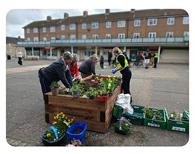 Travis Perkins assisted in the rejuvination of Park Square precinct in Northampton. Here: volunteers planting flowers.