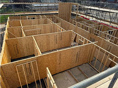 Construction in progress at the Apex Timber Frame project using SterlingOSB Zero from West Fraser.